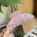 Dettaglio molletta per capelli a gatto rosa traslucido con finitura glitterata - Gatto Iridescente Rosa Pois