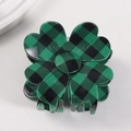 Detail shot of the green and black plaid four-leaf clover hair claw clip with glossy finish - Green Black Large Plaid (A6-2-11)