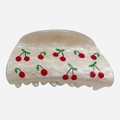 Pinza para el cabello de acetato blanco crema con cerezas rojas para mujer - Estampado Cereza - Blanco Perlado (6.5cm)