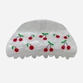 Pinza para el pelo blanco perlado con diseños de cerezas rojas y hojas verdes - Estampado Cereza - Blanco Perlado (6.5cm)