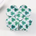 Floral hair claw clip with green clover patterns and glossy finish on a white background - White with Green Shamrocks (A6-2-10)
