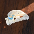 Pearlescent white acetic acid hair claw with blue rhinestone caterpillar and leaf - White Leaf Claw Clip 8.6cm