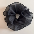 Detail of black organza scrunchie with layered pleats and fine mesh texture for ponytail - Black / 18cm