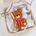 Brown acetate bear hair claw clip with pink bow and cream hearts in a gift box - 8.5cm / Brown