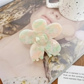 Vue détaillée de la pince à cheveux fleurie en acétate avec texture marbrée - Rose-Vert Clair