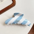 Detail showing blue and white striped hair claw clip with golden Barrette La France text - Blue Striped