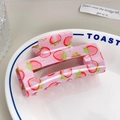 Pink translucent rectangular hair claw clip with strawberry print pattern for women - Peach (8cm)