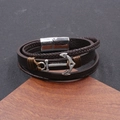 Detail of multi-layer brown leather bracelet with silver anchor pendant and magnetic clasp - Brown Magnetic Anchor