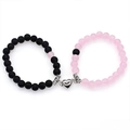 Magnetic heart couple bracelets with matte black and translucent pink beads - Pink Matte (BNS-0564-Pink Matte)