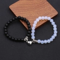 8mm magnetic couple bracelets with white turquoise and black beads and heart charm - Opal Matte (BNS-0564-Opal Matte)
