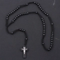 Detail showing hand-woven black 8mm wooden prayer beads and crucifix cross pendant necklace - Black