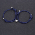 Adjustable dark blue braided rope bracelet for couples with magnetic heart clasp - Navy & Navy with End Caps (BM-0009)