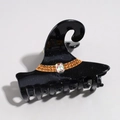 Pinza per capelli a forma di cappello da strega nero glitterato con strass arancioni - Cappello da Strega a Punta Curva