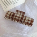 Detail of a large rectangular brown checkered acetate hair claw clip on white paper - 10cm / Coffee Plaid