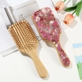 Premium acetate shell wooden massage hair comb with floral resin inlay and bamboo handle - Brick Red