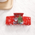 Détail d'une grande pince à cheveux rouge de Noël avec motifs de Père Noël et flocons - Père Noël & Sapin de Noël (B24-5-1) / Rouge