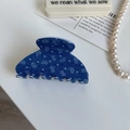 Close-up of large blue heart print acetate hair claw clip with denim pattern design - Small Fan Shape Claw / Denim Blue Heart Print