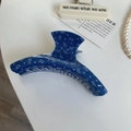Detailed view of large blue denim print hair claw clip with white heart and star patterns - Large Hanger Style (3#11cm)