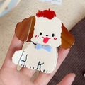Detail shot of a cute puppy acetate hair claw with a red beret and blue bowtie design - 7.8cm / Red Hat Dog