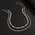 Double-layered golden Figaro chain and pearl necklace with colorful beads - Gold