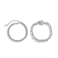 Silver double layer chain bracelet set featuring flat Cuban links and classic OT toggle clasp - Silver