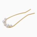 Detailed view of elegant gold U-shaped hair fork with five white faux pearls - Pearl Set Gold