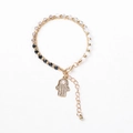 Detail of beaded Hamsa hand bracelet with multi-color crystals and adjustable gold chain - Multicolor Gradient Beads with Hamsa Hand