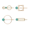 Four-piece geometric gold alloy hair clip set with turquoise marble stone inlay - 4-Piece Green Stone Pattern Hair Clip Set