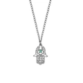 Detailsicht der silbernen Hamsa-Hand-Halskette mit Türkisstein und Filigranmuster - Silber