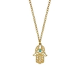 Minimalist gold Hamsa Hand necklace featuring a turquoise bead on a fine link chain - Gold