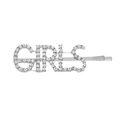Close-up of silver alloy hair clip with white rhinestones spelling GIRLS - GIRLS Style / Silver