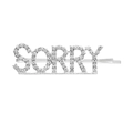 Detailansicht der silbernen Haarspange mit funkelnden Strasssteinen und SORRY-Schriftzug - SORRY Stil / Silber