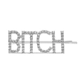 Detailed view of silver-plated bobby pin featuring sparkling rhinestone-studded letters - BITCH Style / Silver