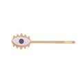 Golden metal Evil Eye hair clip with blue and white enamel detailing on white background - Eyelash Evil Eye