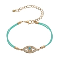 Detail view of turquoise rope bracelet with gold evil eye charm and lobster clasp - PU Green