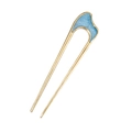 Minimalist U-shaped hair pin in gold metal finish with light blue enamel wave pattern - Wave Blue