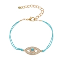 Minimalist light blue braided Fatima evil eye bracelet with sparkling rhinestones and gold clasp - Blue Wax Rope