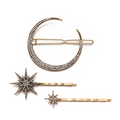 Vintage gold star and moon hair clip set with sparkling rhinestones on white background - Antique Gold Star Moon Style (1636)