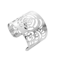 Adjustable silver cuff bracelet with intricate laser-cut rose floral hollow patterns - Silver