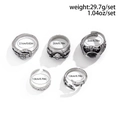5-piece set of gothic skull and black gemstone punk rings in vintage silver finish - Skull Bone Gemstone Wing Design / Antique Silver