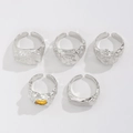 Fünfteiliges silbernes Hip-Hop-Ringset für Herren mit Lava-Textur und Bernstein - Lava Textur Ring Set (05434) / Weißgold