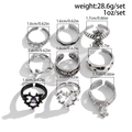 9-teiliges Hip-Hop Ring-Set mit Herz, Stern und violettem Stein in Vintage-Silber - Punk Dornen Herz Stil (06044) / Antiksilber