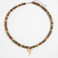 Men's beach surf necklace with coconut shell wood beads and white shark tooth pendant - Brown Style (07130)
