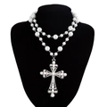 Double-layer pearl necklace with a large silver ornate cross pendant for men - Silver (05726)