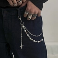 Gothische meerlaagse hiphop-broekketting met kruishanger en witte parelkralen - Gekleurde Edelsteen Kruis Drievoudige Laag Stijl (1728E1) / Zilver