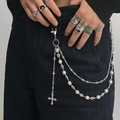 Multi-layer hip-hop trousers chain with pearls, colorful rhinestones and cross pendant - Silver Style (01728)