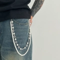 Catena per pantaloni hip hop a doppio strato con perle finte e ciondoli floreali argento - Argento (01756)