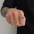 Detail of street style ring featuring dual red enamel stars on silver metal band - Inner Diameter 1.8cm (Adjustable) / Silver Tone with Red Star (00922)