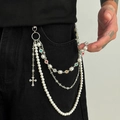 Hip hop pearl trouser chain with colorful flower accents and a cross pendant for jeans - Silver