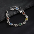 Hip hop silver bracelet with colorful gemstones and small diamonds on black stone - Silver Bracelet (02993)